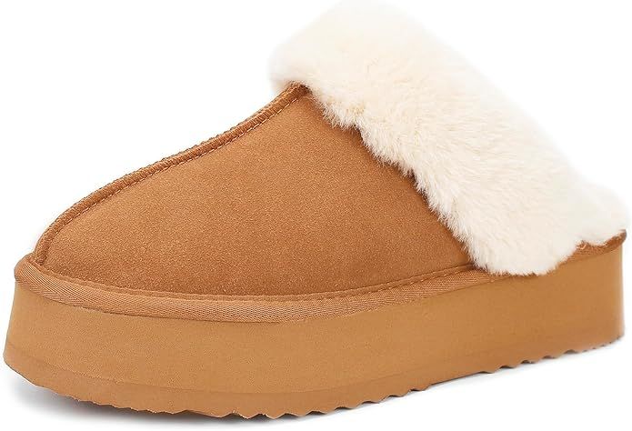 Yonnzn Platform Slippers for Women Indoor Outdoor Suede Leather Fuzzy Slippers House Shoes | Amazon (US)