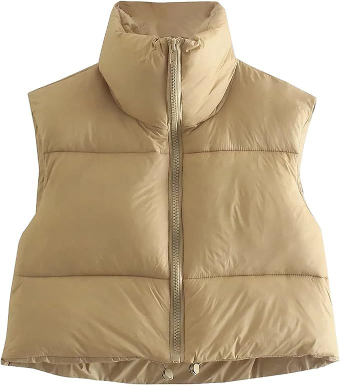 Kissonic Women's Padded Down Vest Puffer Stand Collar Zip Up Crop Sleeveless Jacket (Small, Khaki... | Amazon (US)