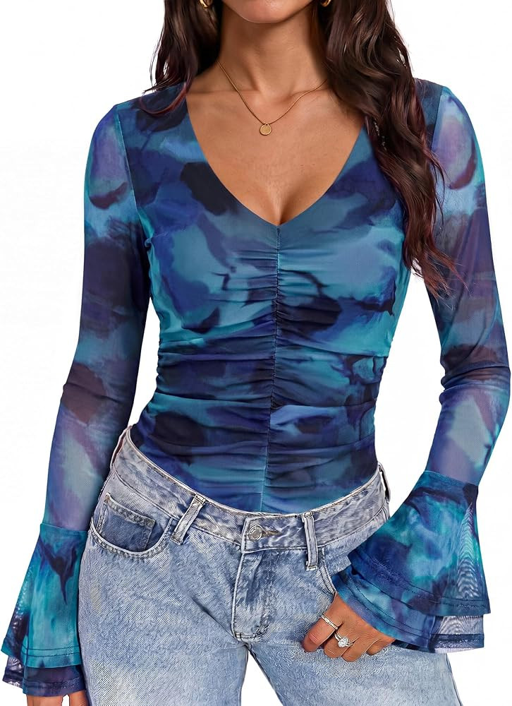 Women Ruched Floral Mesh Top Bell Sleeve Tie Dye Slim Y2K Going Out Blouse | Amazon (US)