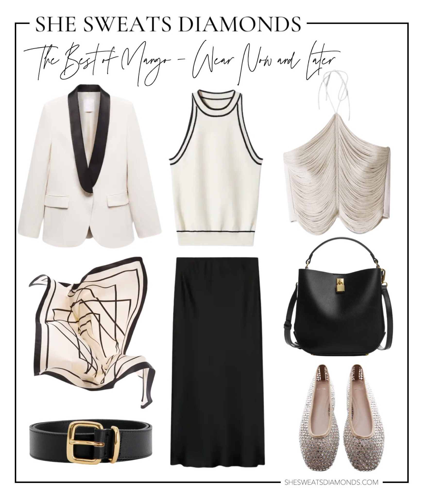 The best from Mango clothing to wear now and wear later — black and ivory blazer, black and ivory sleeveless tank, fringe halter top, geometric scarf, black satin midi skirt, mini shopper bag, black leather belt with gold bucket, and crystal ballerina flats. 

#LTKSeasonal #LTKstyletip #LTKunder100