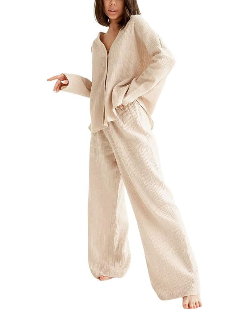 Womens Cotton Gauze Loungewear Sets Casual 2 Piece Sleepwear Button Down Shirt and Wide Leg Pants... | Amazon (US)