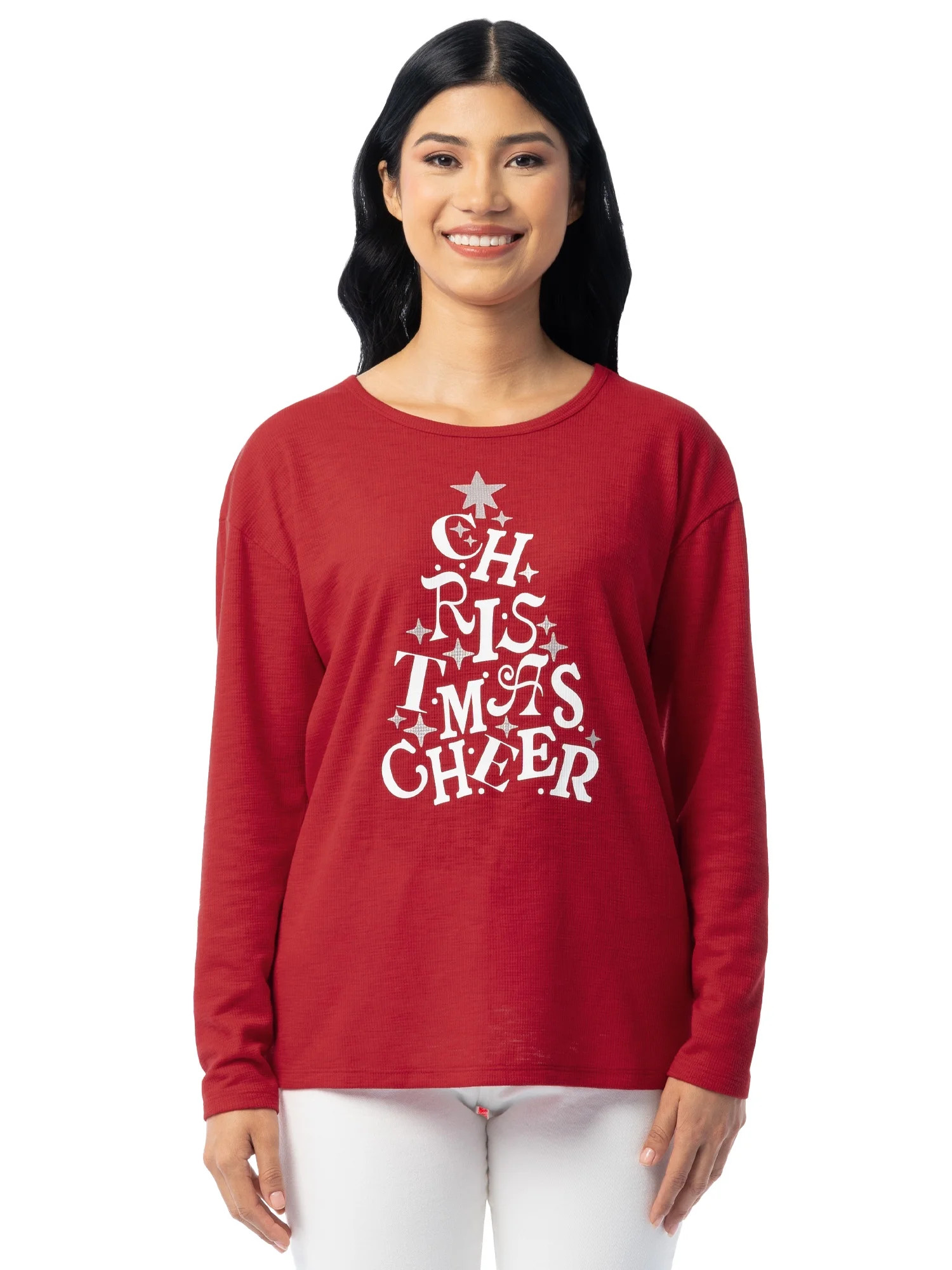 Holiday Time Women's and Women’s Plus Christmas Waffle Graphic Tee with Long-Sleeves, Sizes S-3... | Walmart (US)
