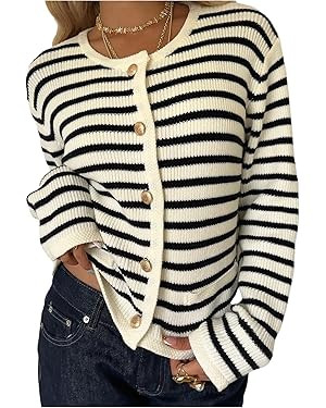 GORGLITTER Women's Striped Button Up Fall Cardigan 2025 Dressy Cozy Long Sleeve Crewneck Fall Fas... | Amazon (US)