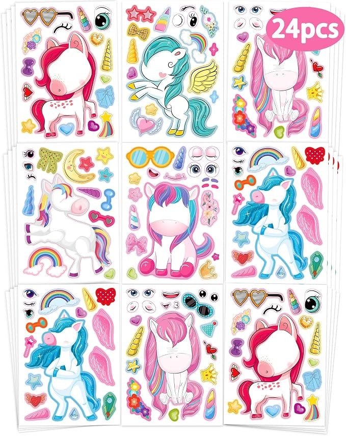 24 Pcs Make Your Own Unicorn Stickers, Party Favors Face Stickers for Kids | Amazon (US)