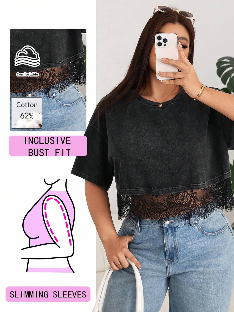 LocalSolflare Plus Size Summer Casual Lace Patchwork Cropped T-Shirt | SHEIN