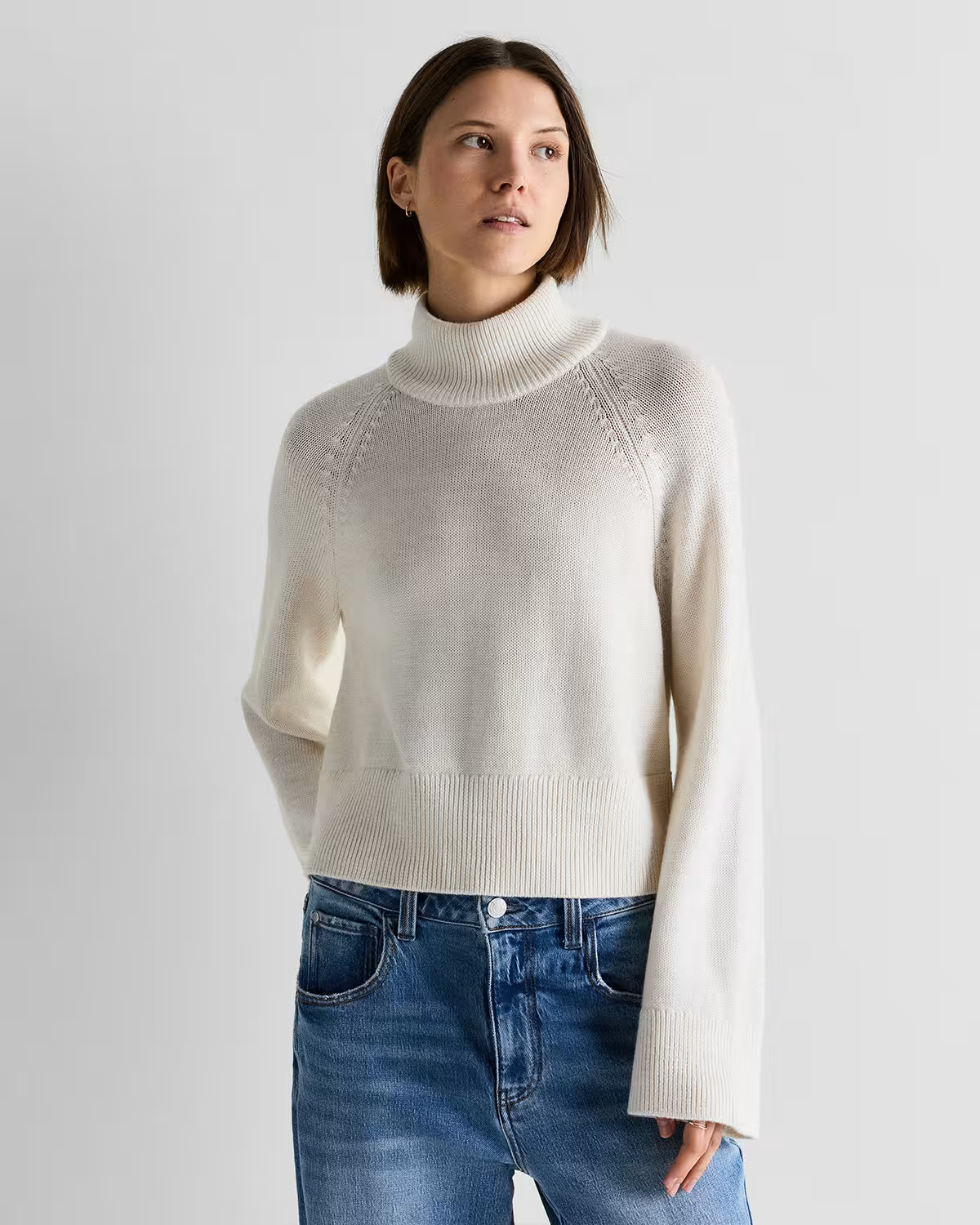 Australian Merino Wool Cropped Mock Neck Sweater in Heather Bone | Quince