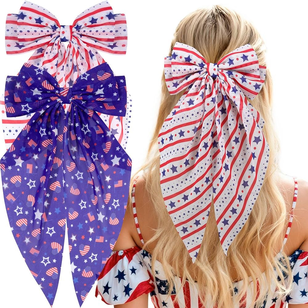 OAOLEER 2PCS 4th of July Hair Bows for Women 8 Inch Red White Blue Satin Layered Independence Day... | Amazon (US)