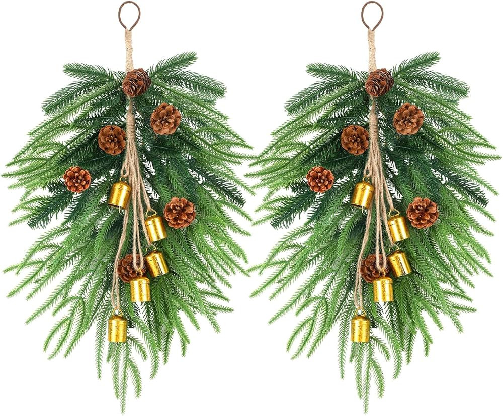 2 Pcs Christmas Norfolk Pine Teardrop Swag 18 Inch Artificial Swag with Bells and Faux Pine Cones... | Amazon (US)