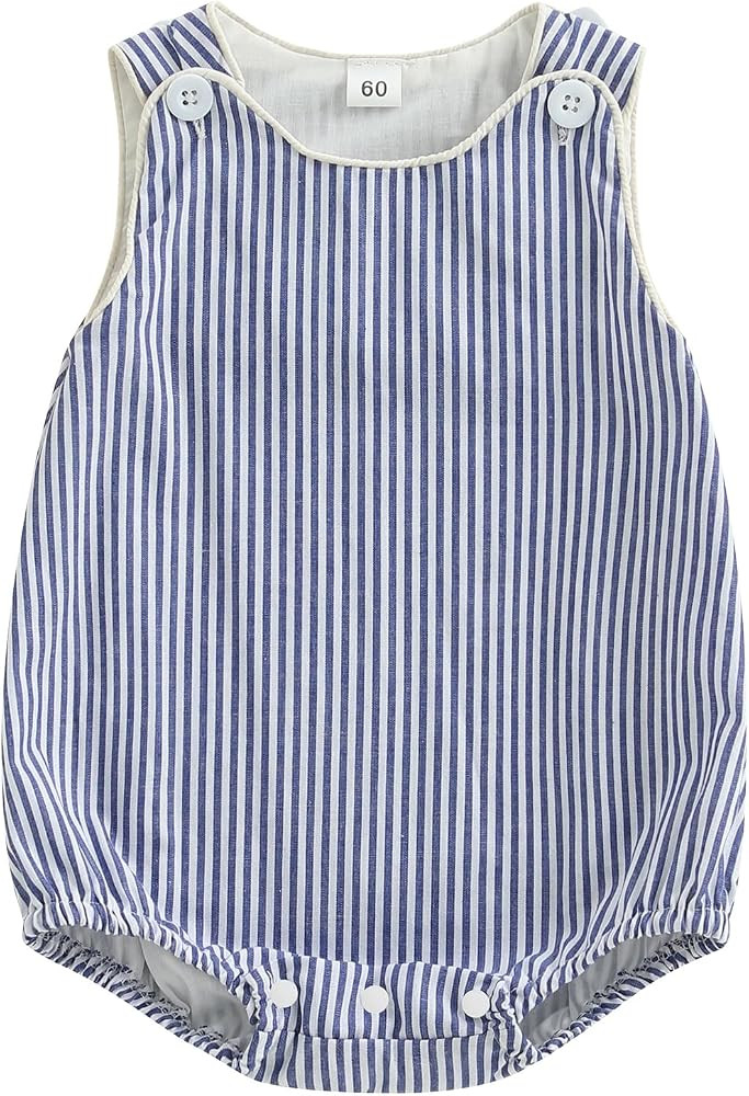 Newborn Baby Boy Girl Striped Romper Sleeveless Cotton Linen Bubble Bodysuit Button Jumpsuit Tank... | Amazon (US)