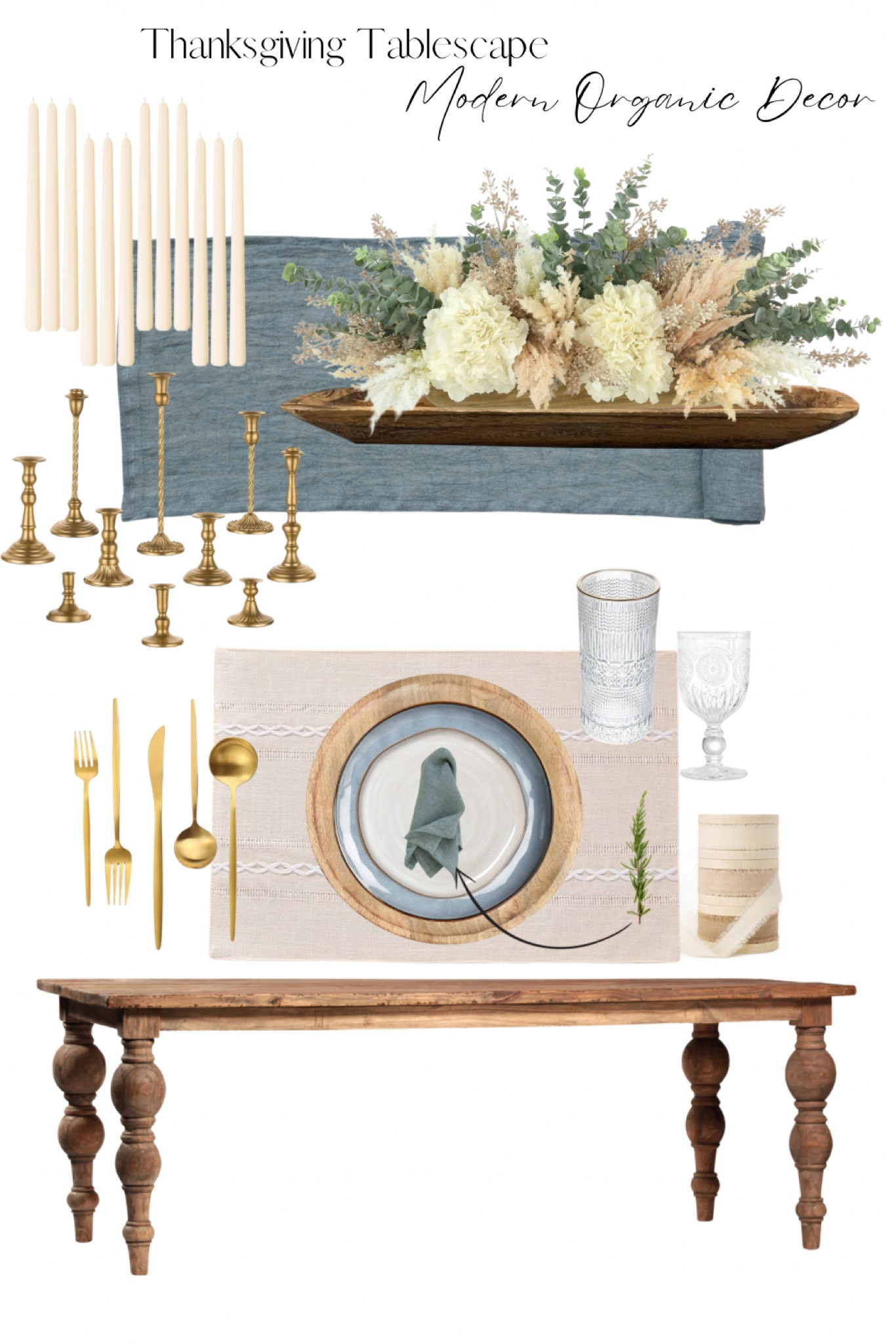 Transform your Thanksgiving table with a modern organic tablescape that exudes elegance and warmth. This setup features a soft color palette of neutrals, dusty blue, and hints of blush and sage, creating a serene and inviting atmosphere. The use of organic materials like wood, glass, brass, and stoneware adds a natural touch, while the stunning centerpiece—a floral arrangement in a dough bowl, surrounded by warm-toned candlesticks in brass holders—serves as the perfect focal point. Click to shop this beautiful tablescape and elevate your holiday dining experience!

#LTKHoliday #LTKHome #LTKSeasonal