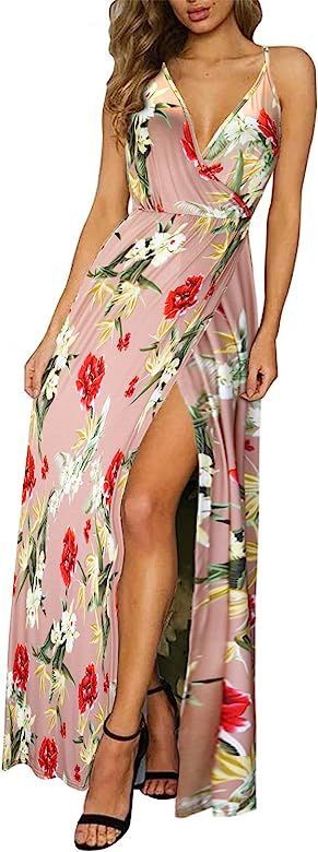 Women's Deep V-Neck Casual Dress Summer Backless Floral Print/Solid Split Maxi Dress for Beach Pa... | Amazon (US)
