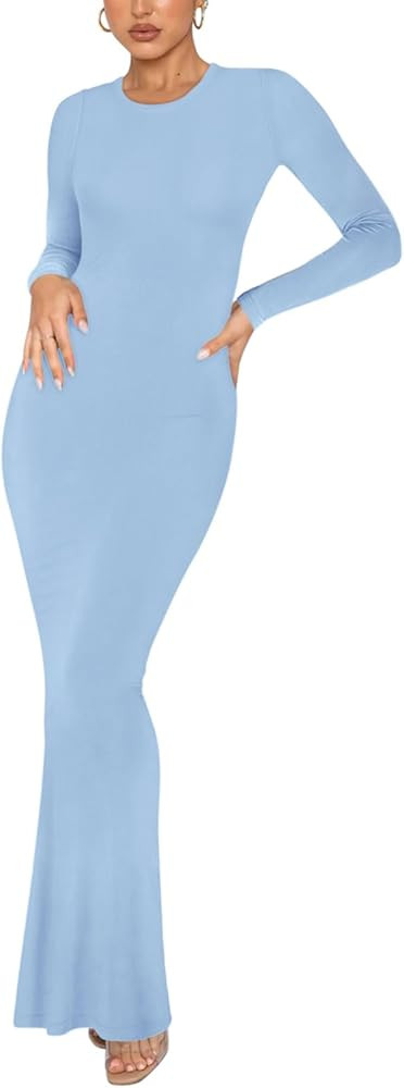 REORIA Women's Sexy Crew Neck Lounge Long Dress Elegant Long Sleeve Ribbed Bodycon Maxi Dresses | Amazon (US)