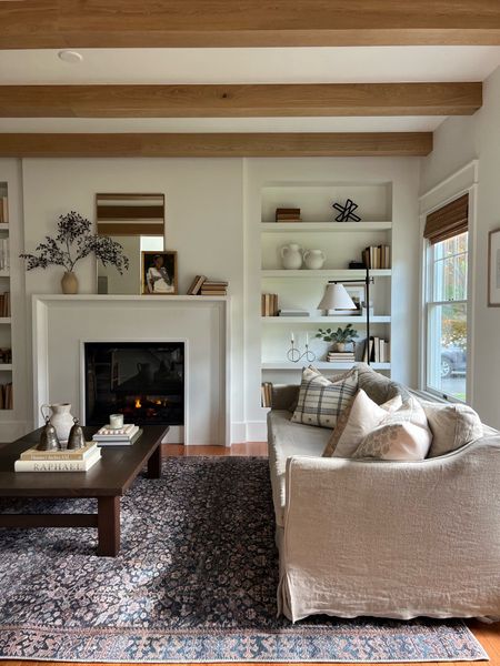 Living room decor, Amber Lewis rug, loloi rugs, six penny sofa, built in shelves, fireplace mantel. 

#LTKhome