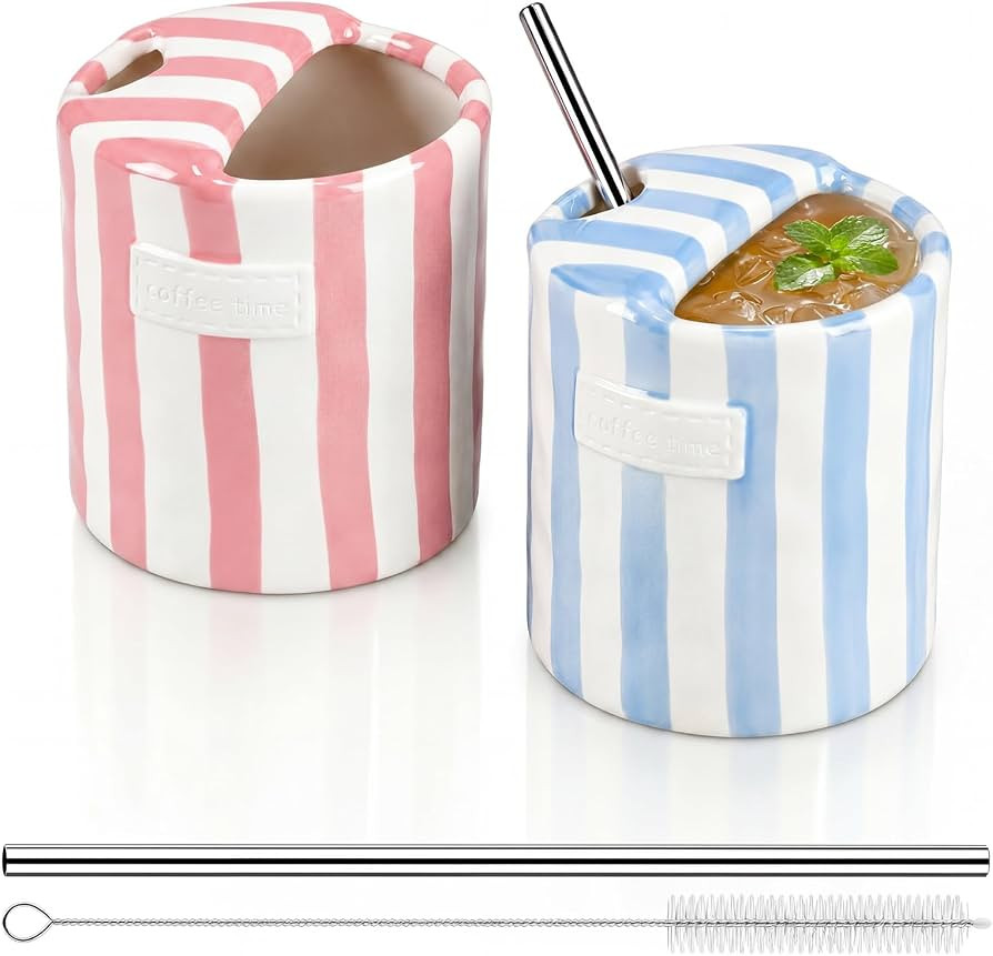 2 Pack Ceramic Coffee Mug with Sip Hole,Simple,Light Blue, Pink     10oz Cute Travel Cup With Str... | Amazon (US)