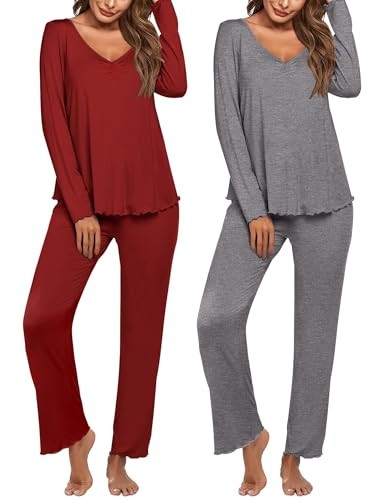 Ekouaer Womens 2 Pack Pajama Set Long Sleeve Pajamas Top and Pants V Neck Pjs Set Soft Sleepwear Loungewear | Amazon (US)