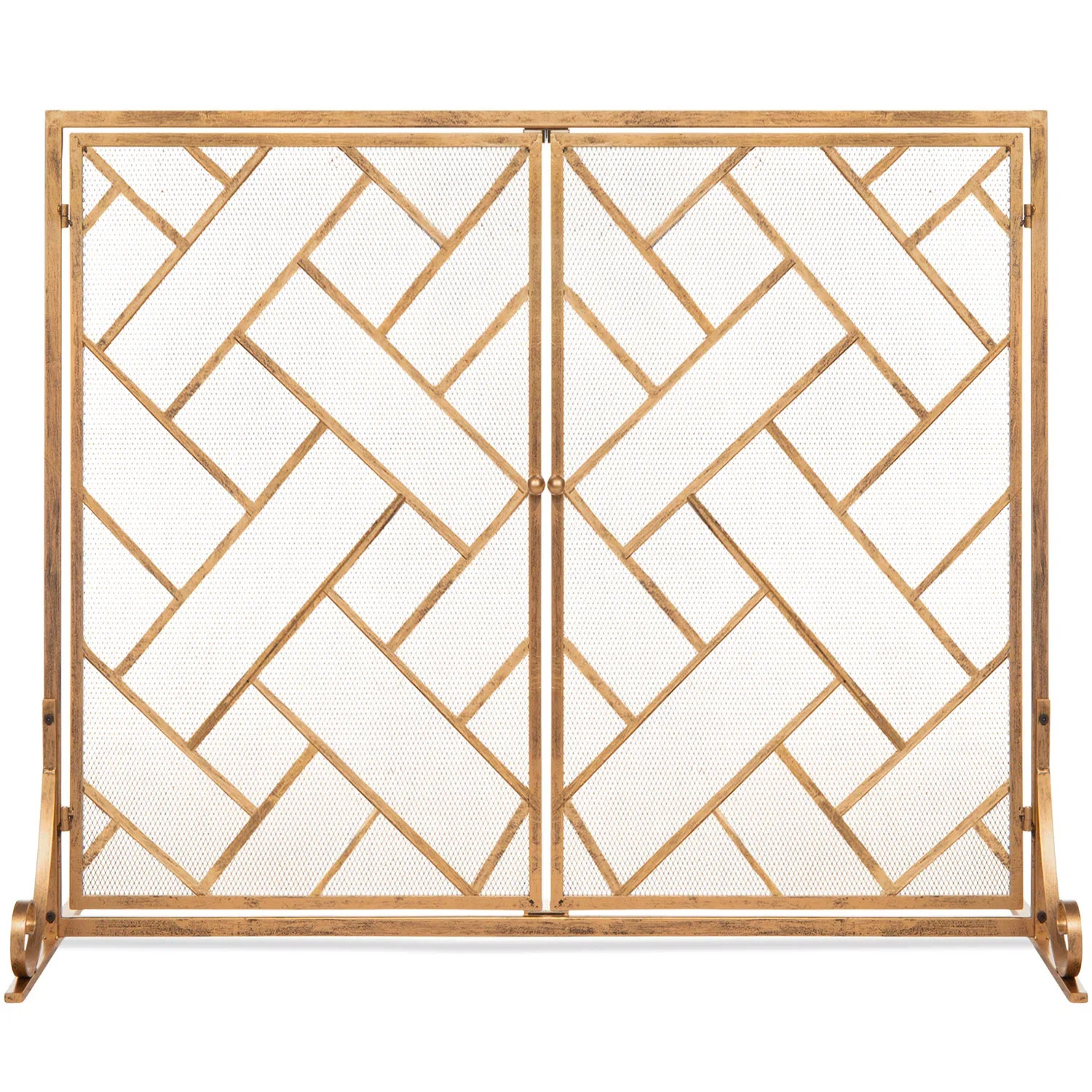 Amol 44x33in 2-Panel Handcrafted Wrought Iron Geometric Fireplace Screen w/ Magnetic Doors | Wayfair North America