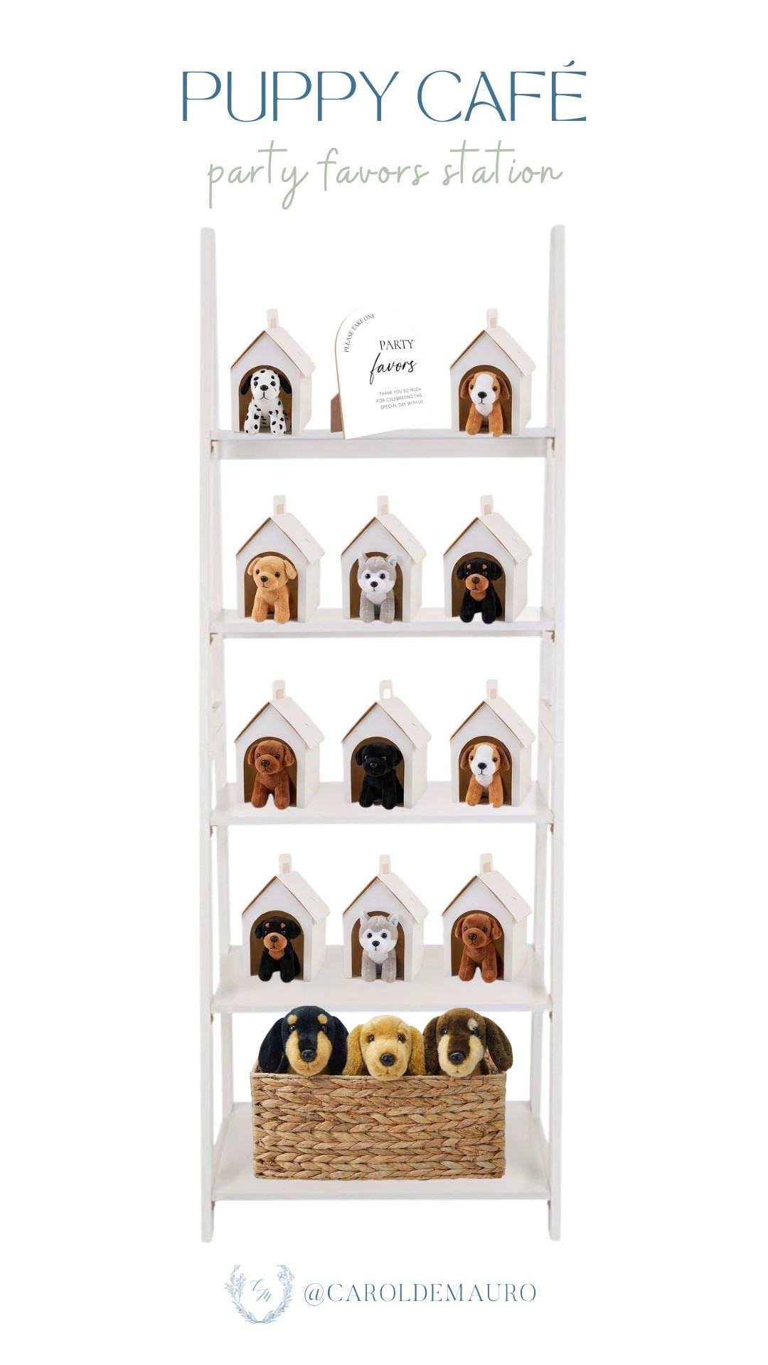 This setup is absolutely paws-itively adorable for a Puppy Café birthday! Each little guest can adopt their own plush pup from these charming mini dog houses to take the party magic home.

party favors, stuffed puppies, kids birthday ideas, party decor, hosting idea, kids toys

#LTKU #LTKSeasonal #LTKHome