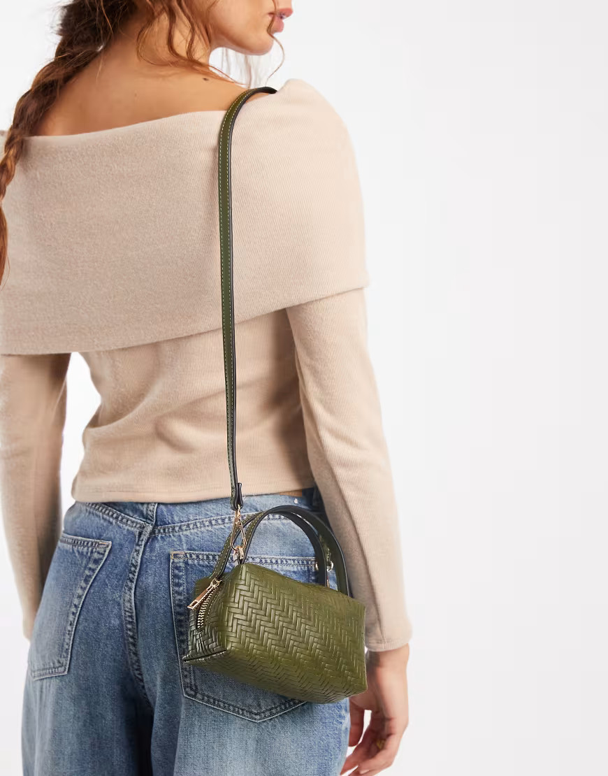 ASOS DESIGN textured mini clutch purse with cross-body strap in woven olive-Green | ASOS (Global)