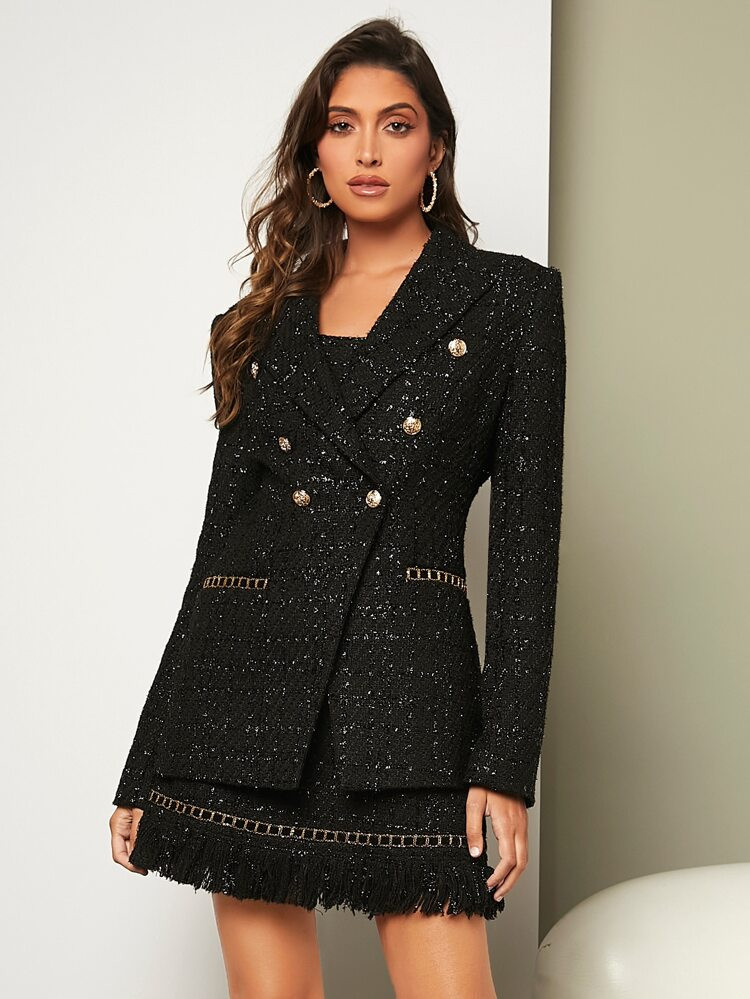 SHEIN BIZwear Double Breasted Tweed Blazer | SHEIN