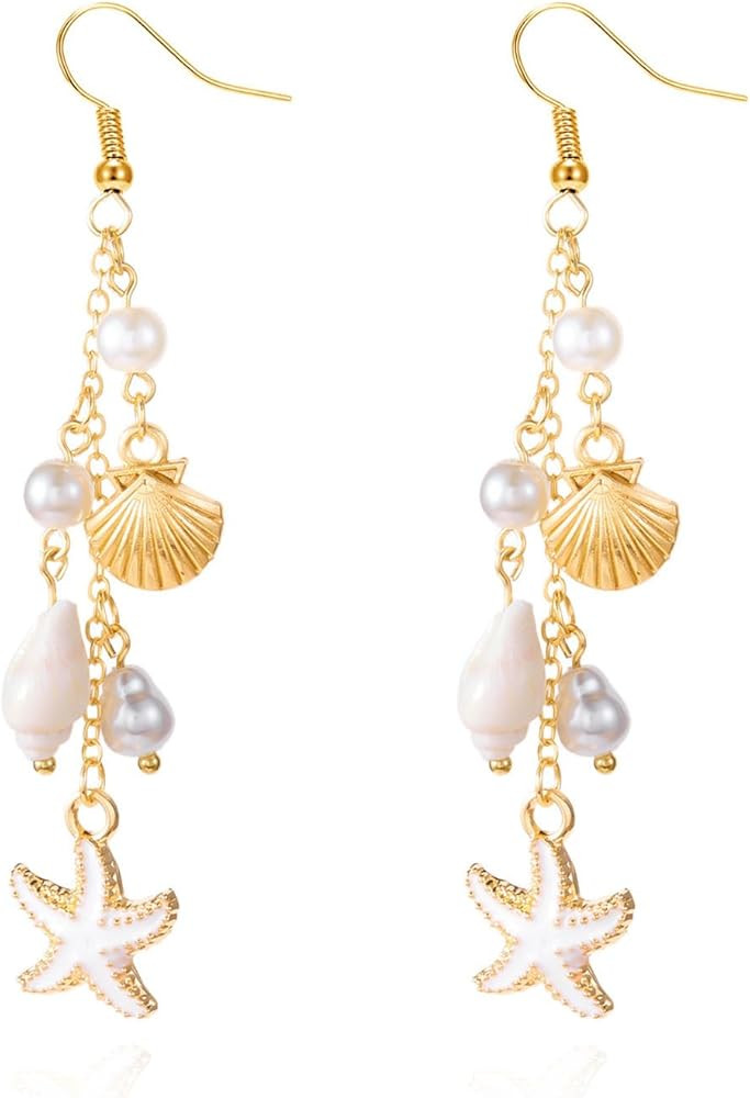 Gold Starfish Shell Dangle Drop Earrings, Beach Jewelry for Women, Summer Boho Beachy Vacation Ac... | Amazon (US)