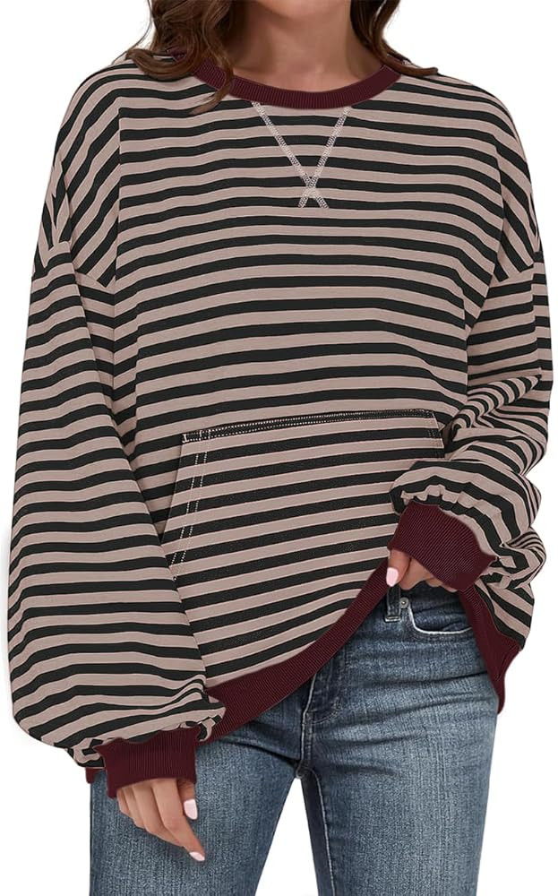 UEU Women Oversized Striped Crewneck Sweatshirt Long Sleeve Color Block Pullover Tops Casual Loos... | Amazon (US)