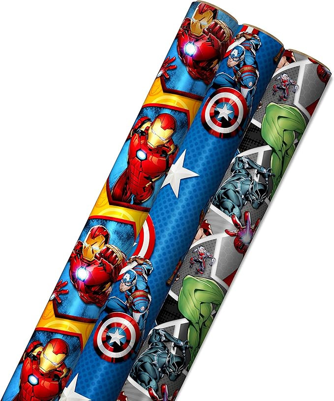 Hallmark Avengers Wrapping Paper with Cut Lines on the Reverse (3-Pack: 60 sq. ft. ttl) with Capt... | Amazon (US)