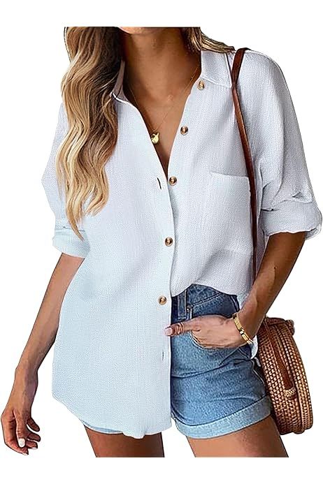 Karlywindow Womens Long Sleeve Button Down Cotton Linen Shirt Blouse Loose Fit Casual V-Neck Tops | Amazon (US)