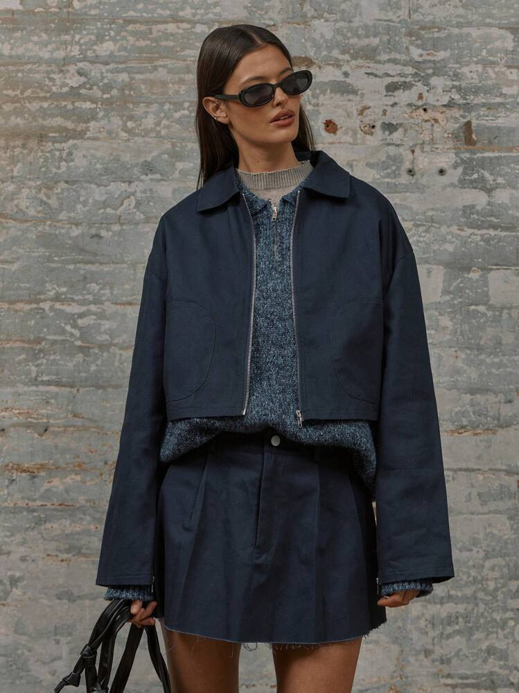 MUSERA Tailored Pocket Detail Zip Up Collared Jacket | SHEIN