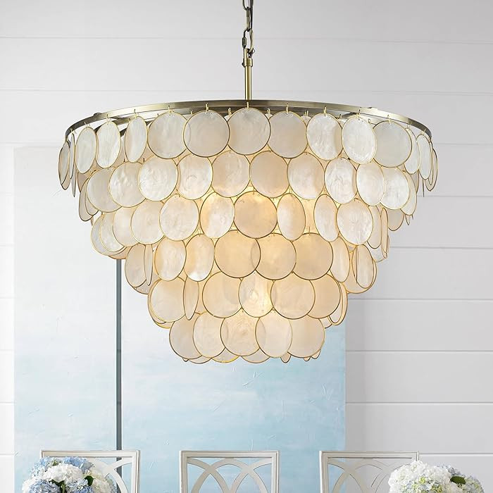 W24 in 6 Lights Coastal Capiz Shell Chandelier Farmhouse Tiered Seashells Light Fixture in Aged B... | Amazon (US)
