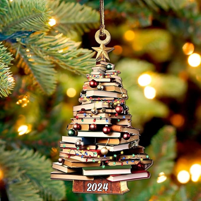 Pack 2 Book Tree Christmas Ornament (1 Wood+1 Acrylic), 2024 Bookworm Christmas Ornaments 2D Flat... | Amazon (US)