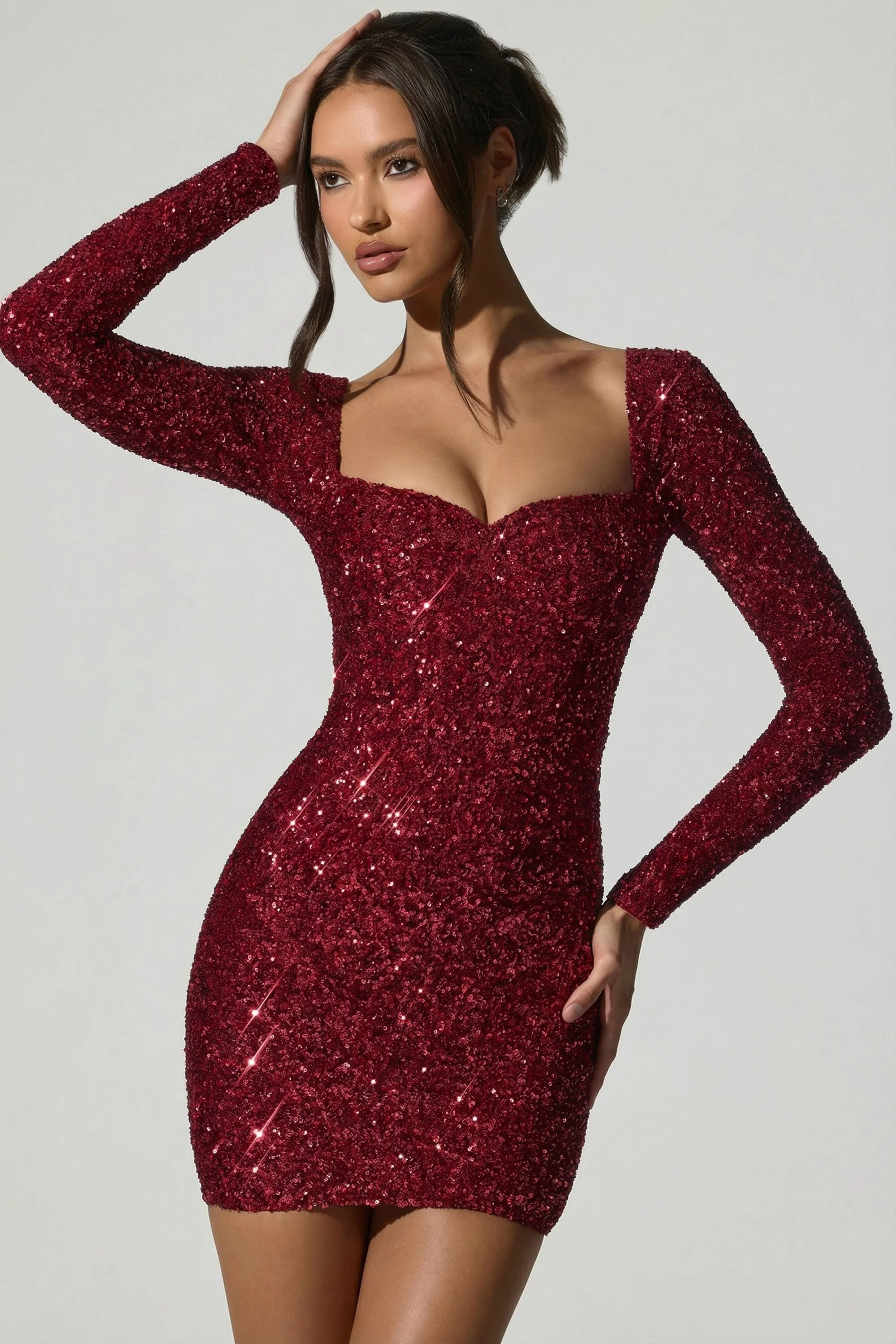 Embellished Sweetheart-Neck Mini Dress in Red | Oh Polly