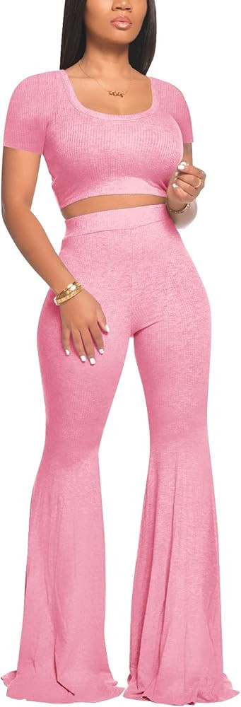 2 Piece Outfits for Women Workout Sets - Sexy Crop Top + High Waisted Flared Long Pant Sets Track... | Amazon (US)