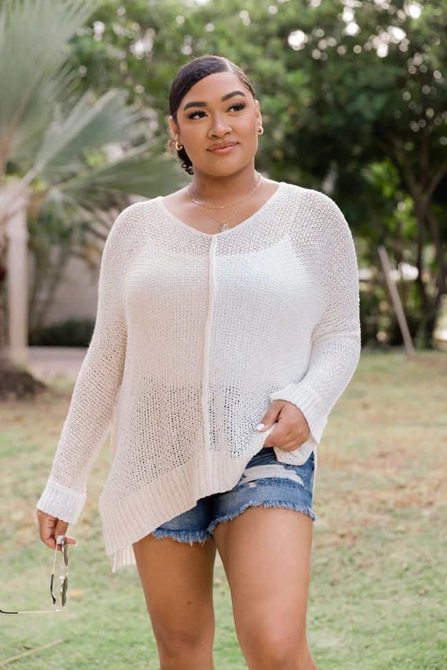 Beachside Stroll Ivory and Beige Color Block Light Weight Sweater | Pink Lily