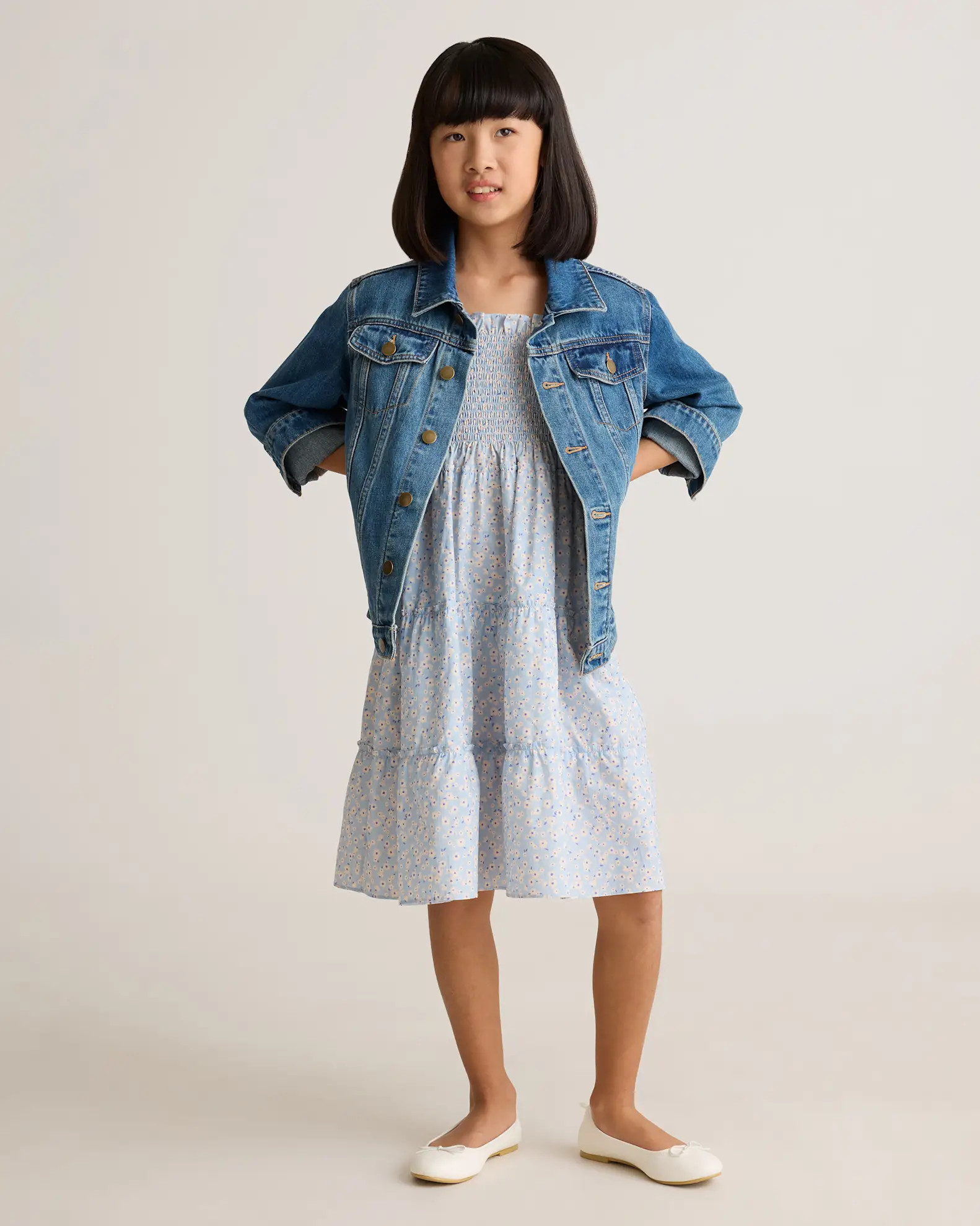 100% Organic Cotton Poplin Smocked Dress - Kid Girl in Blue Ditsy Daisy | Quince