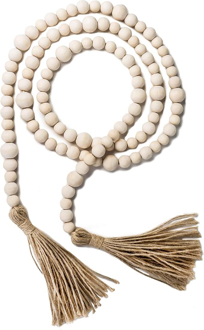 Wood Bead Garland with Tassels, 72 Inch Natural Wooden Beads Garland, 6 Feet Handmade Boho Farmho... | Amazon (US)