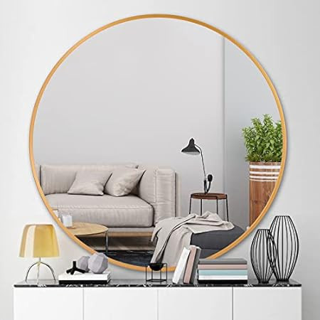 BEAUTYPEAK Circle Mirror Gold 24 Inch Wall Mounted Round Mirror with Brushed Metal Frame for Bathroo | Amazon (US)