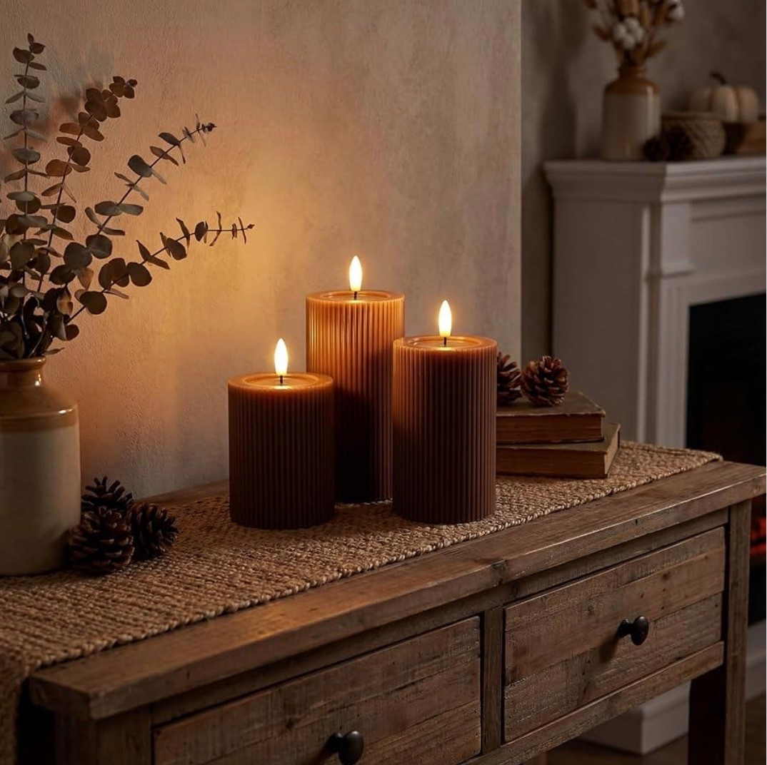 DISTINCTIVE FLUTED DESIGN: This set of 3 grooved LED pillar candles (4”, 5”, and 6” tall, each 3” wide) features an elegant ribbed texture, evoking the charm of classic carved wax columns. These sculpted flameless candles add a touch of sophistication to any setting—without the fire risks
REALISTIC REFLECTIVE MELTED-WAX EFFECT: Designed with a subtle reflective surface on top, these candles simulate the look of melted wax pooling around the flame, enhancing the lifelike flickering glow. The glossy finish creates an authentic depth, mimicking the beauty of real burning candles

#LTKdayinmylife #LTKSeasonal #LTKHome