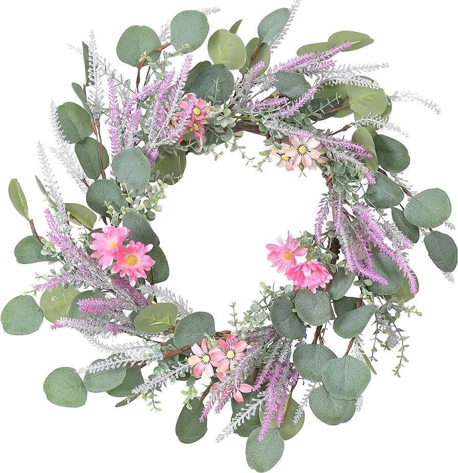 20 Inch Artificial Eucalyptus Daisy Wreath Spring Farmhouse Front Door Large Wreath with Lavender... | Amazon (US)