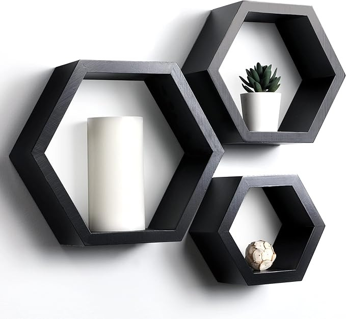 Set of 3 Pine Wood Hexagon Shelves for Wall Decor - Farmhouse Honeycomb Shelves for Living Room D... | Amazon (US)