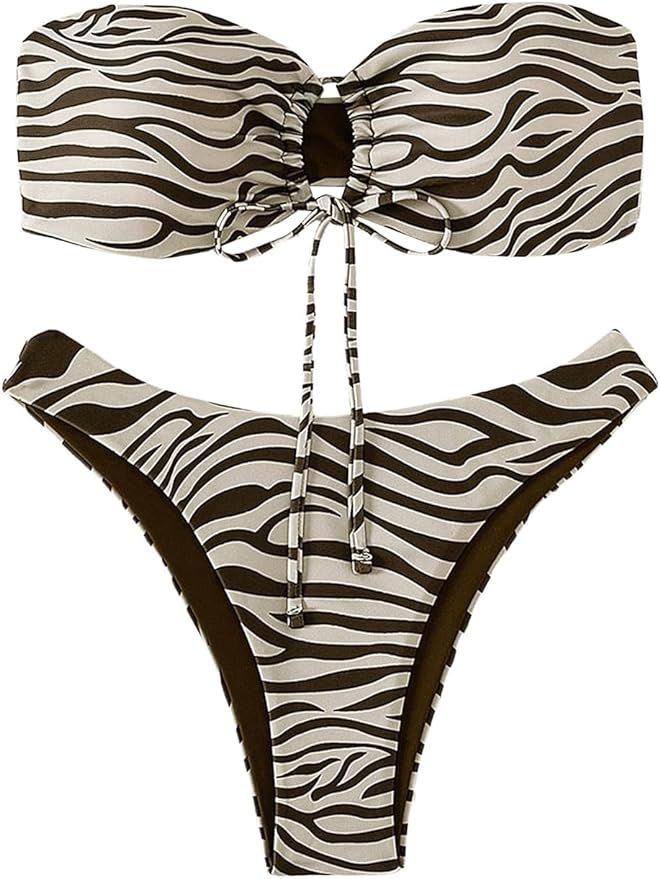 MakeMeChic Women's Striped 2 Piece Bandeau Swimsuit Drawstring High Cut Thong Bikini Bathing Suit | Amazon (US)