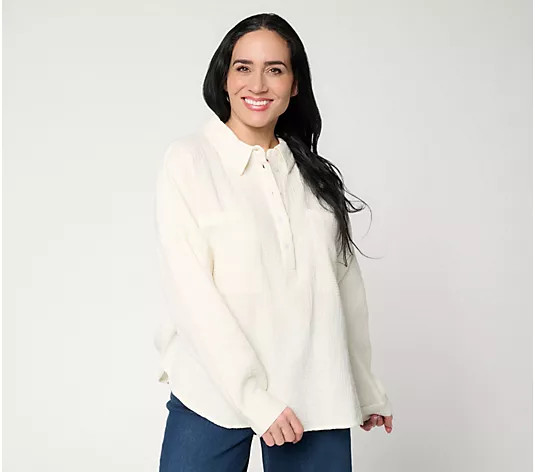 Make Your Selection: Peace Love World Cotton Gauze Long Sleeve Polo Top | QVC