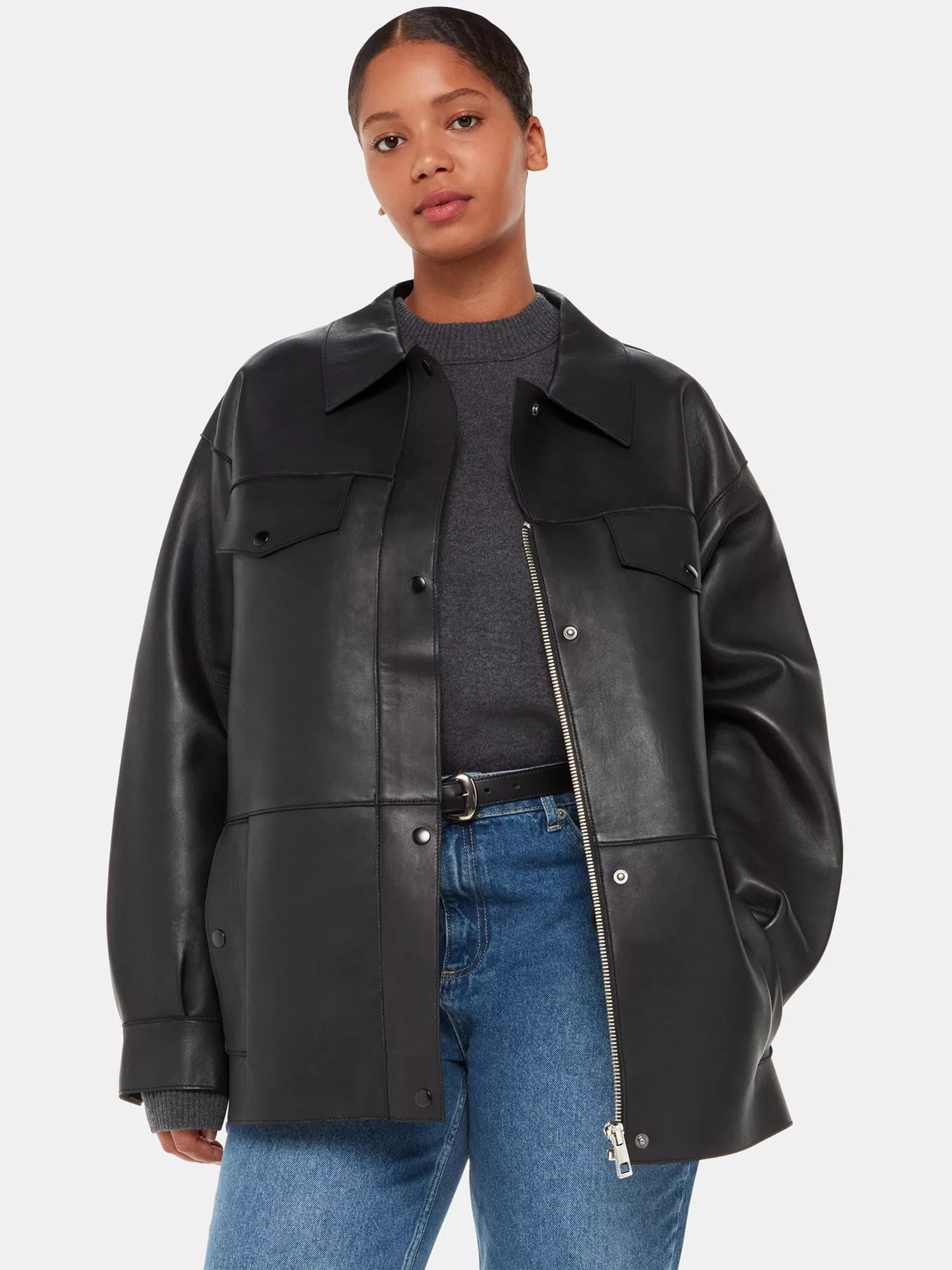 Whistles Clean Bonded Leather Jacket, Black | John Lewis (UK)
