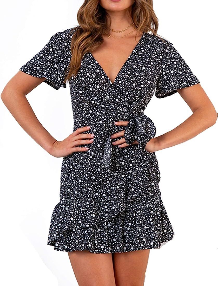 Relipop Summer Women Short Sleeve Print Dress V Neck Casual Short Dresses | Amazon (US)