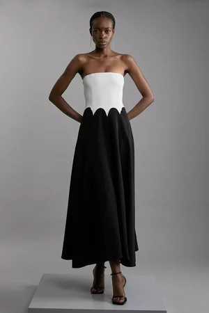 Petite Compact Stretch Colourblock Tailored Bandeau Midi Dress | Karen Millen UK + IE + DE + NL