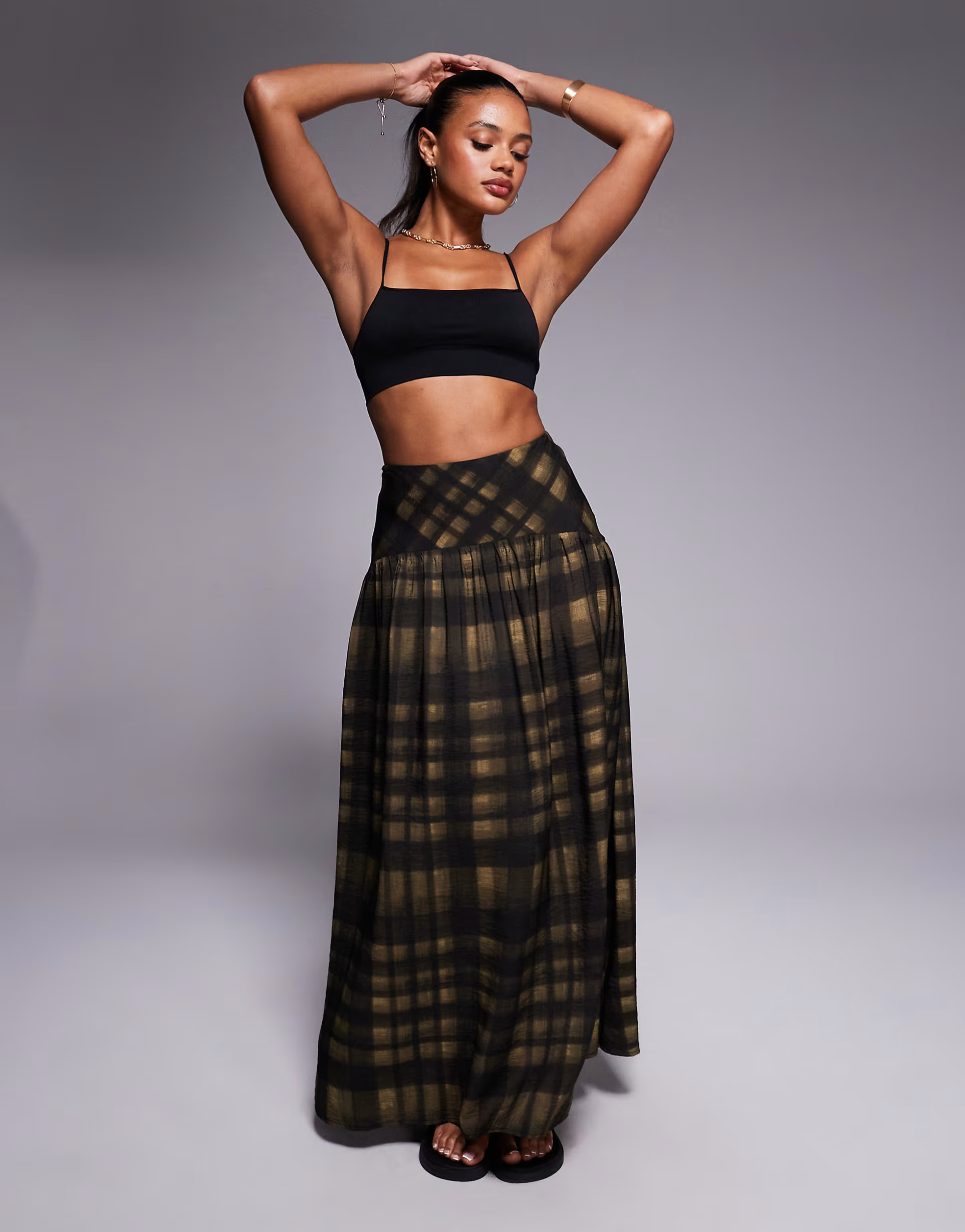 ASOS DESIGN dropped waist maxi skirt in blurred check | ASOS (Global)