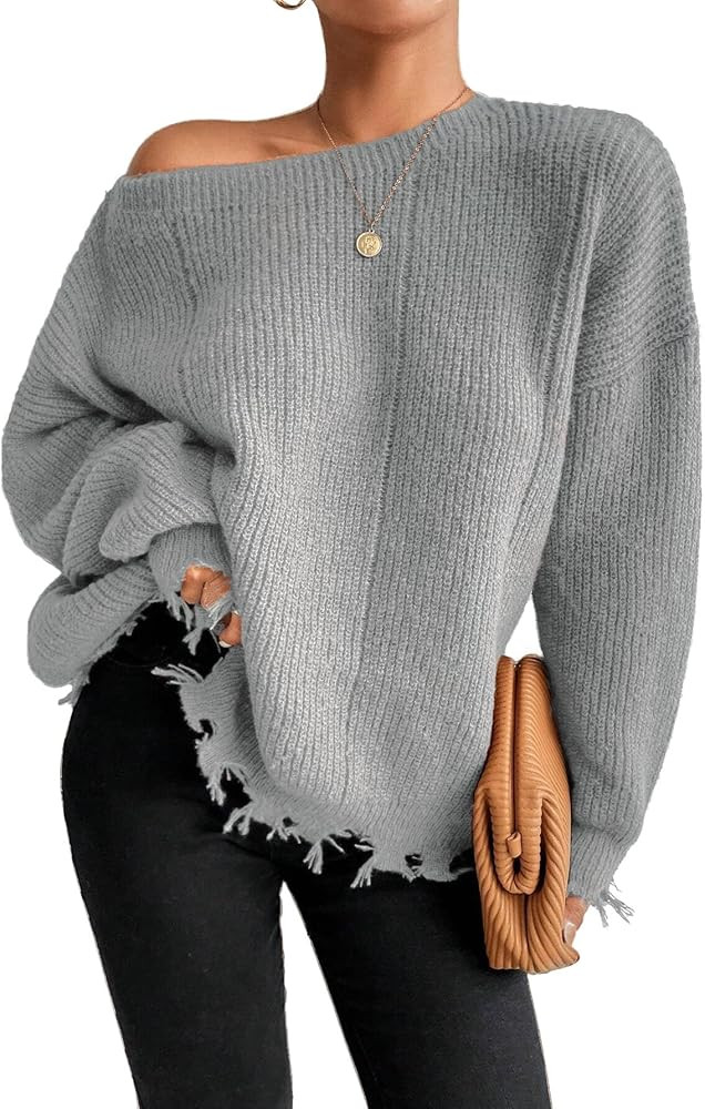 SKAYS Distressed Sweaters for Women, Drop Shoulder Sweaters for Women, Boat Neck Ribbed Knit Frin... | Amazon (CA)