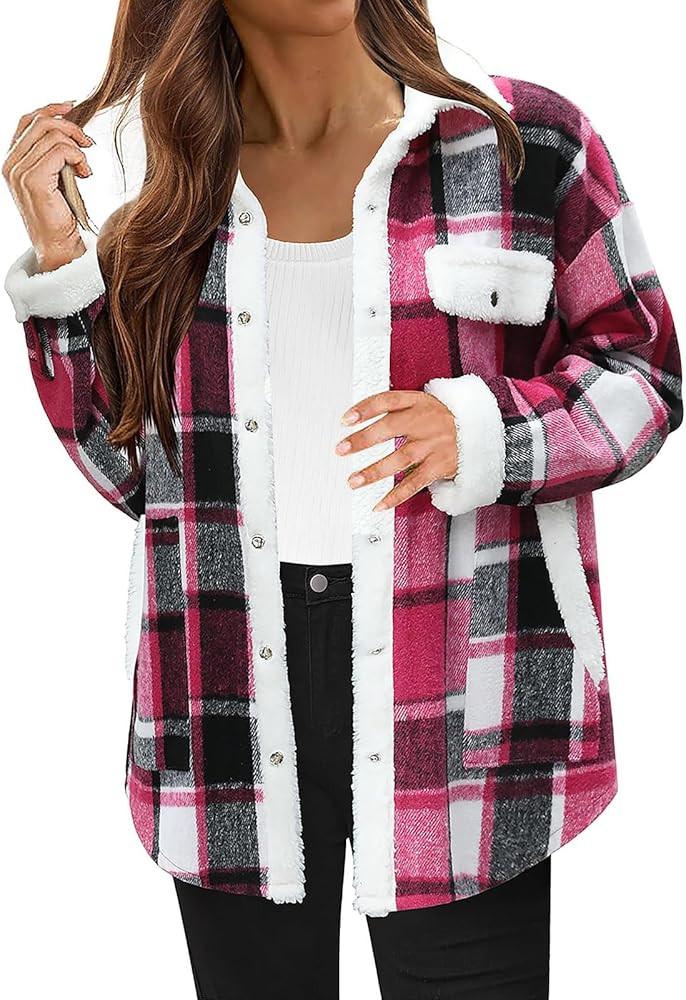 Women 2024 Hooded Flannel Jacket Warm Sherpa Shacket Fleece Lined Button Down Plaid Coat Trendy F... | Amazon (US)