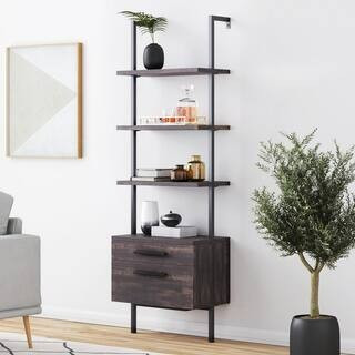 Theo Warm Nutmeg Wood and Black Steel Frame Bookcase or Bookshelf with 2 Drawers | The Home Depot