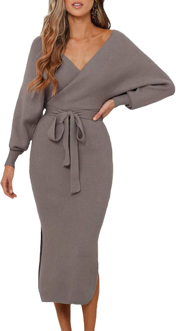 Women's V Neck Long Batwing Sleeve Wrap Midi Knit Sweater Dress Elegant Backless with Belt Slit | Amazon (CA)