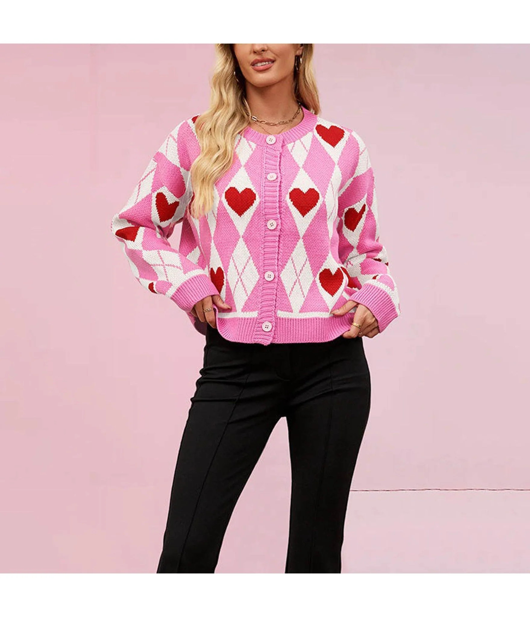 Pink & White Argyle Heart Cardigan | Unique Vintage - North America